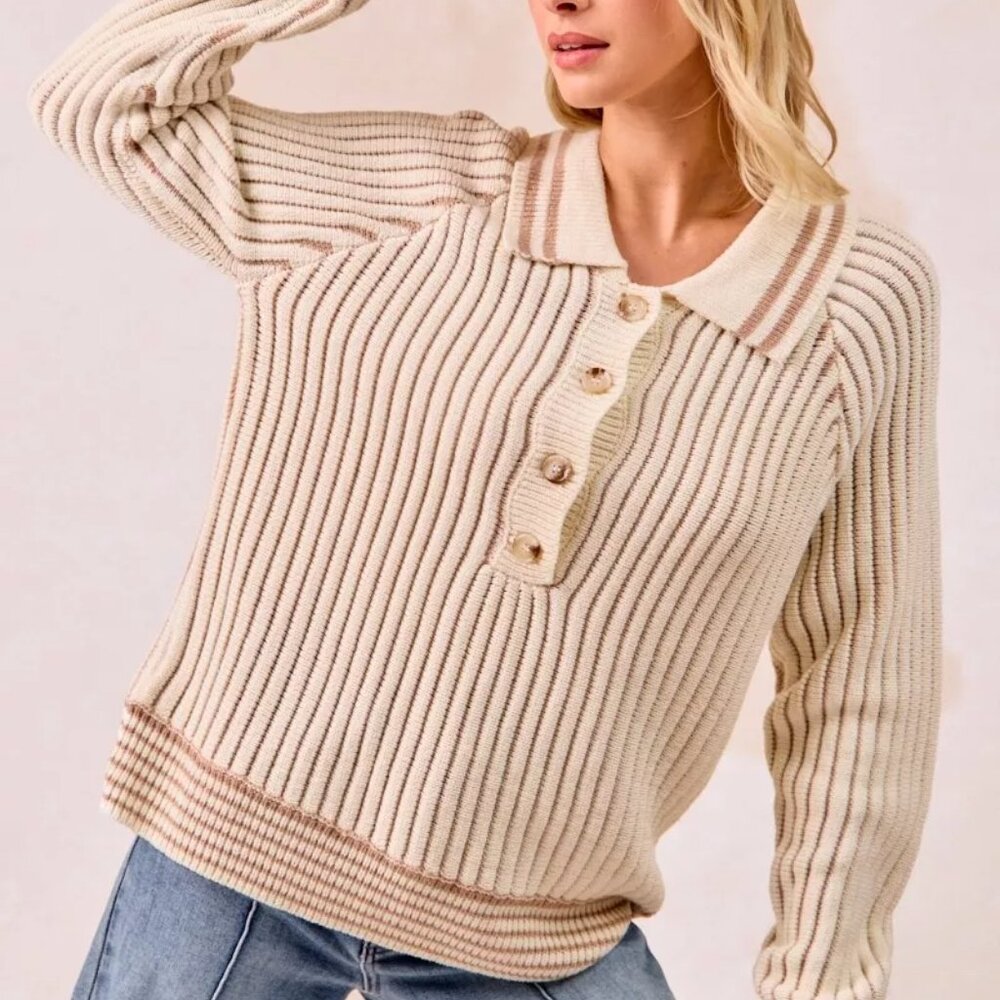 BiBi‎ Half Button Ribbed Two Tone Sweater - Picture 6 of 16